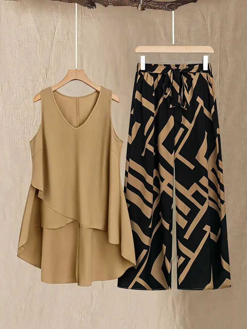 Plus-Size Soft & Comfort material Shirt & Pants Set Black Brown
